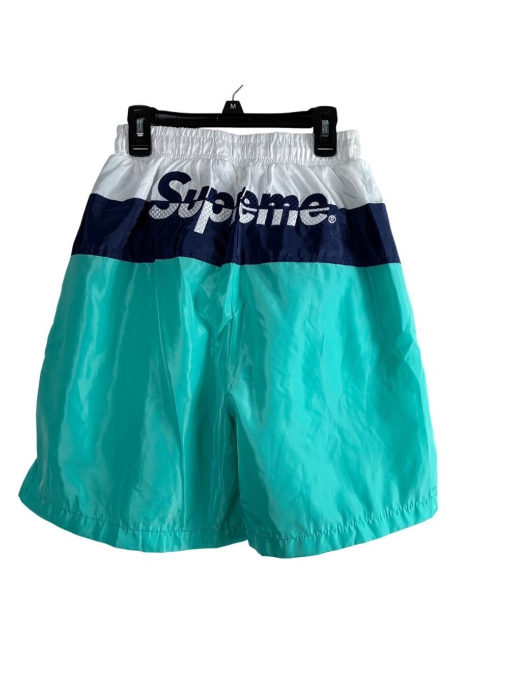 Supreme SS17 Split Logo Teal Navy Nylon Mesh Lined Water Shorts M NWOT FLAWED